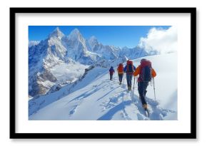 A group of climbers makes their way along a snowy trail in the Himalayas, surrounded by towering mountain peaks and clear skies.