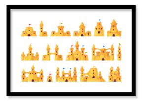 Cartoon sand castles. Summer beach kids games, seashore childish building constructions, sandbox object, fortress with towers, decorative elements for cards and posters, vector isolated set