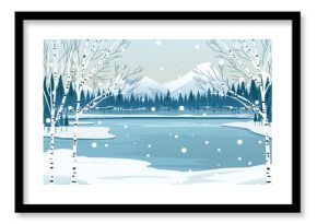 Beautiful winter mountain lake and forest in snowy weather. Winter mountain landscape with birch trees. Mountains, frozen lake, forest, birch trees and falling snow. Winter day in nature.