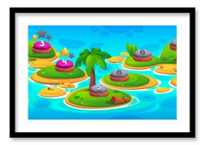 Game levels map with floating tropical islands in sea or ocean water with sand and green grass, palm trees with coconuts, brown rocks and wooden chest. Locked and open stages with star rating.