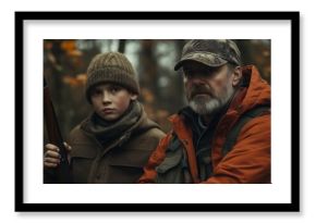 A young boy learns to hunt in the woods with his mentor during autumn as leaves fall from surrounding trees