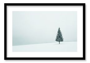   A solitary pine tree stands amidst a snow-covered field during a hazy winter day