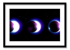 Moon phases gradually cover solar disc. Celestial eclipse progression on starlit background. Luminous sun creates glowing corona effect. Realistic 3d natural phenomenon in five sequential stages.