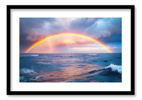 A vivid rainbow over a stormy sea, with dark clouds and crashing waves creating a dramatic scene