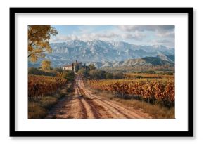 A scenic dirt road winds through a picturesque vineyard during autumn, leading towards a rustic farmhouse surrounded by vibrant fall foliage. In the background