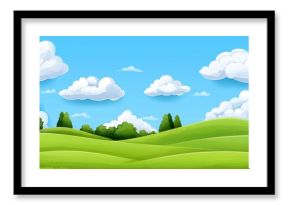 Summer field on sunny day. Modern cartoon illustration of beautiful countryside, rural landscape with lush grass or agricultural crops growing on land, birds flying in a blue sky.