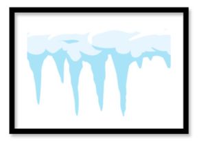 Cartoonish light blue icicles hanging down from a layer of snow, with some of the ice melting, creating a winter wonderland scene