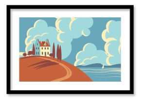 Autumn landscape with town house, yellowed trees on hill, sea, mountains and clouds in the bright blue sky. Cartoon children's fall illustration. Decorative vector banner in flat style