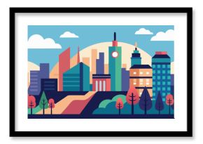 Colorful urban landscape with modern buildings and trees in flat 2d design style
