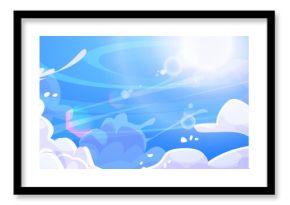Anime style sunny sky with fluffy white clouds. Vector cartoon illustration of sun shining bright on heavenly light blue background, beautiful morning cloudscape, weather forecast backdrop, fresh air