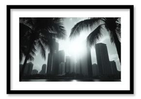 Black and white photography of palm trees lining the streets of a city, with urban architecture and possibly people in the background