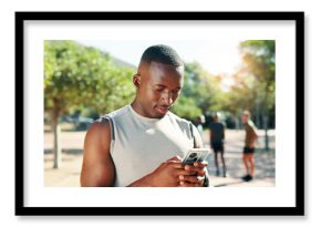 Outdoor, man and fitness with mobile for social media, chat and online for workout tutorial. Nature, male person and smartphone with exercise application for wellness tips, text and tracking progress