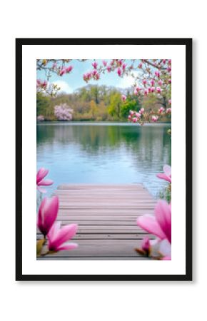 wooden pier over the lake with magnolia blossoms in foreground