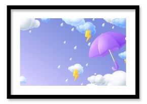 3d rainy weather. Render umbrella with thunderstorm clouds and rain drops in sky, monsoon season day weather concept for seasonal promotion sale banner, exact vector illustration