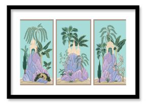 Hunting leopard, palm trees, floral tree, plant, architecture, violet mountain panels blue background. Oriental vintage mural.