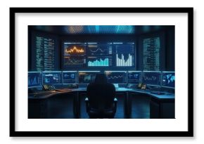 High tech control room with monitors displaying data and graphs