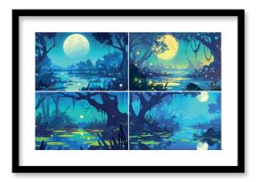 Swamp forest. Cartoon night marsh landscape with trees bog grass fireflies moon vector illustration