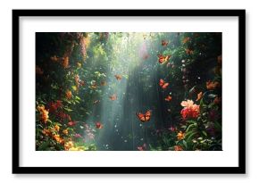 A lush tropical rainforest teeming with vibrant flowers and fluttering butterflies