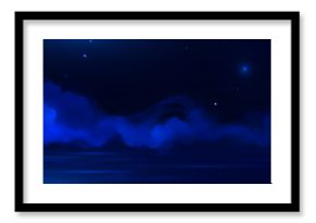 Night sky filled with smoke or fog drifting over water. Dark blue starry scene reflected in ocean waves. Mystical atmosphere landscape. Fantasy background with illuminated haze over river surface.
