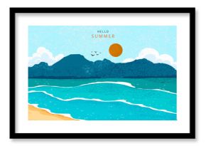 summer landscape grain texture background with beach and palm leaves for horizontal design