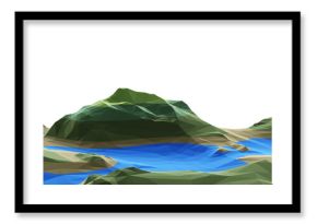 3D low polygon landscape. Lowpoly mountain and lake
