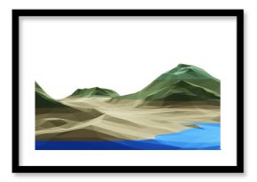 3D low polygon landscape. Lowpoly mountain and lake
