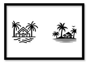 Minimalist vector line icons representing tropical landscapes with palm trees and seaside homes