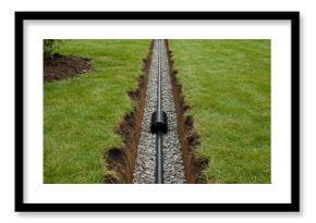 French Drain Installation in Green Lawn - Efficient water drainage system, erosion control, landscape improvement, perforated pipe, gravel filter. Symbolizing effective drainage
