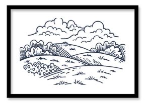 Peaceful countryside landscape with rolling hills and clouds in minimalist sketch art