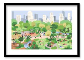 City park life. People on bikes, walking, jogging and exercising on grass outdoors on summer holiday. Urban parkland landscape with lanes, playground, trees, buildings. Flat vector illustration