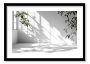 Minimalist Interior with Sunlight and Plant Leaves Natural Light Modern Home Decor White Space Background Template : Generative AI