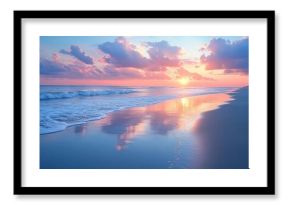 Serene Beach Sunset Painting with Pink Clouds and Gentle Waves Reflecting Sunlight Coastal Calm Scene Wallpaper : Generative AI
