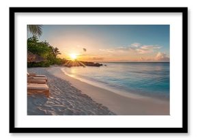 Serene Beach Sunset with Turquoise Water White Sand and Beach Chairs for Relaxing Vacation Vibes : Generative AI