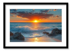 Spectacular Sunset Over Ocean Waves with Rocky Shoreline for Serene Coastal Landscape : Generative AI