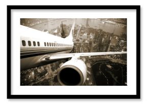 the airplane take off from the city night.