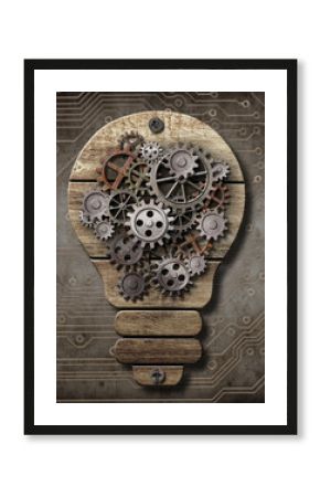 Wooden lamp with cogs and gears. Idea concept.