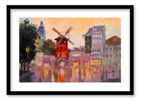 Oil painting cityscape - Moulin rouge, Paris, France