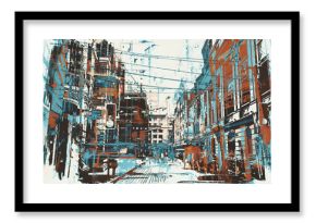 illustration painting of urban street with grunge texture