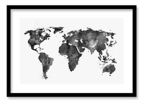 Ilustrowana mapa świata na białym tle. Czarna akwarela