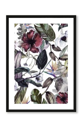 Seamless watercolor pattern with tropical flowers, magnolia, orange flower, vanilla orchid, tropical leaves, banana leaves