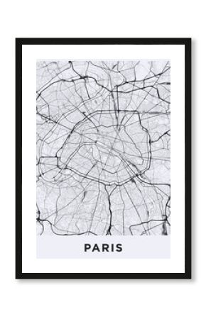 Light Paris city map. Road map of Paris (France). Black and white (light) illustration of parisian streets. Printable poster format (portrait).