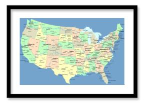 Mapa USA z nazwami stanów i miast