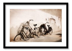 Italian old-style bicycles leaning against a wall 