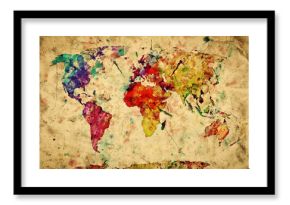 Mapa świata w stylu vintage. Kolorowa farba, akwarela na papierze grunge