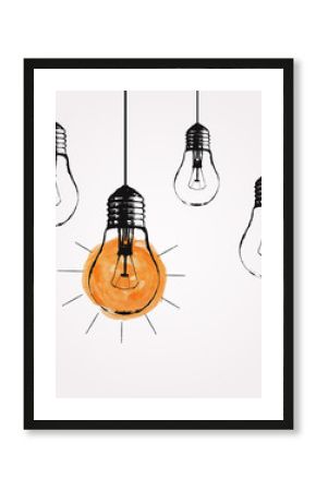 Vector grunge illustration with hanging light bulbs and place for text. Modern hipster sketch style. Unique idea and creative thinking concept.