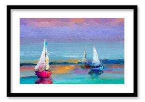 Colorful oil painting on canvas texture. Impressionism image of seascape paintings with sunlight background. Modern art oil paintings with boat, sail on sea. Abstract contemporary art for background