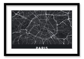 Mapa ciemnego Paryża. Mapa drogowa Paryża (Francja). Czarno-biała (ciemna) ilustracja paryskich ulic. Format plakatu do druku (album).