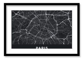 Dark Paris city map. Road map of Paris (France). Black and white (dark) illustration of parisian streets. Printable poster format (album).