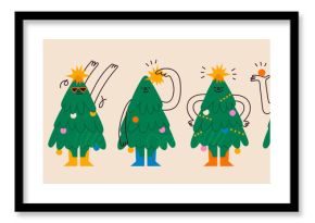Set of funny Christmas tree characters with faces. Various emotions. Cartoon style. Merry Christmas, New year concept. Trees with hands, legs, garland with lights. Hand drawn Vector illustration.