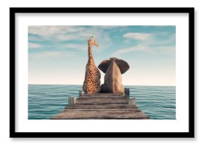 Giraffe sitting next to an elephant on wooden deck.